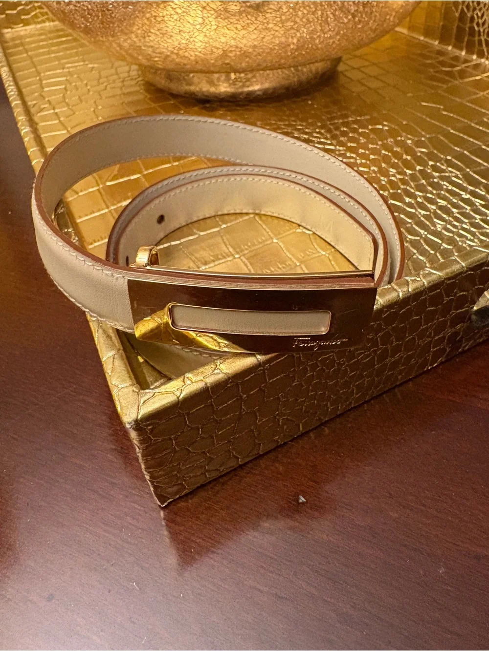 ORIGINAL  Ferragamo Leather Belt with Gold-Tone Accent - Cream